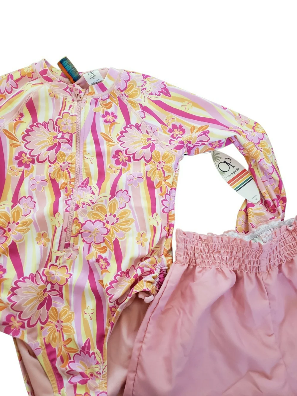 OP Orchid Pink Floral Long-Sleeve One-Piece with Pink Swim Shorts